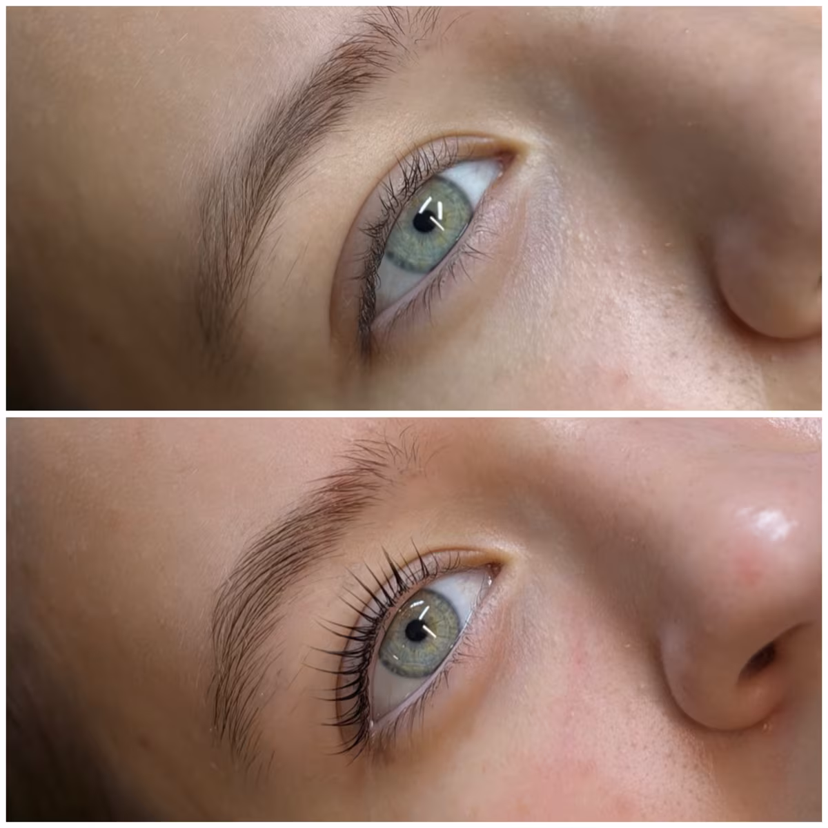 Lash lift and brow lamination before and after on one green eye: straight, sparse-looking lashes (top) lifted into a dark, defined curl with fuller, brushed-up brows (bottom)
