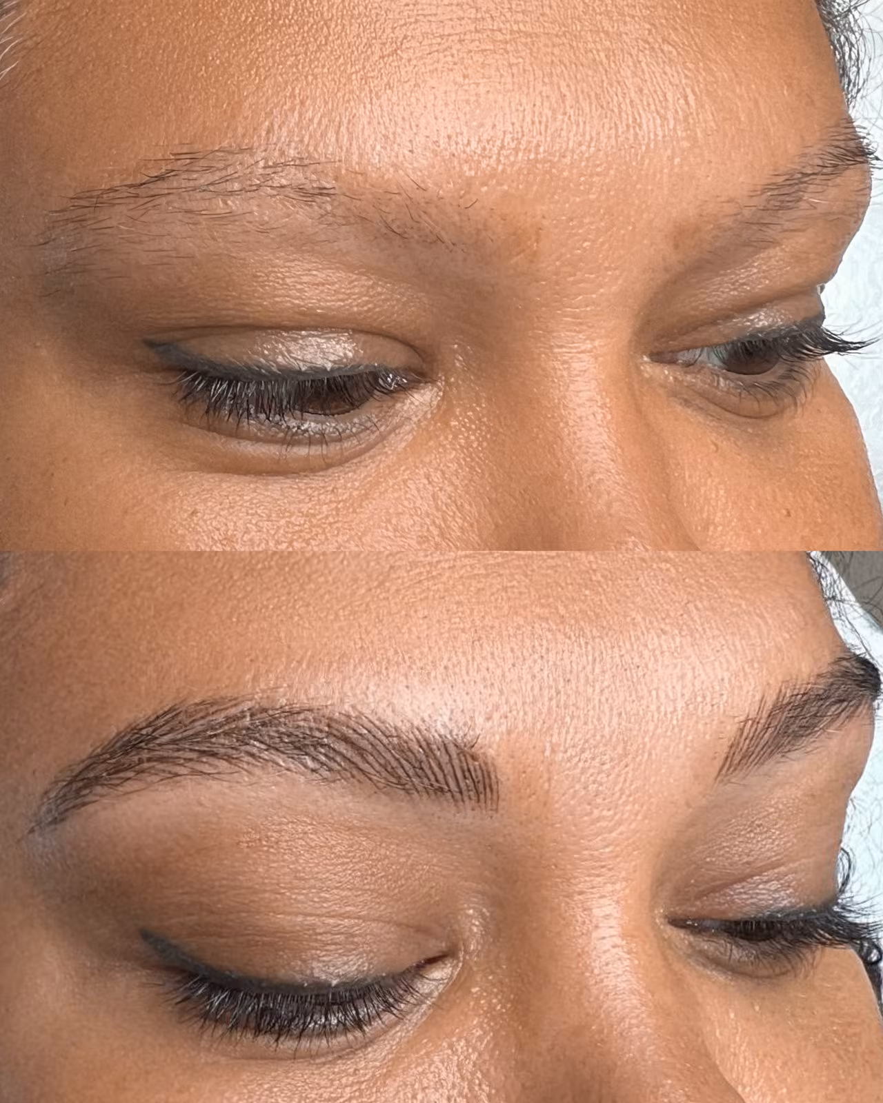 Nano brows before and after, sparse brows healed into natural hair strokes