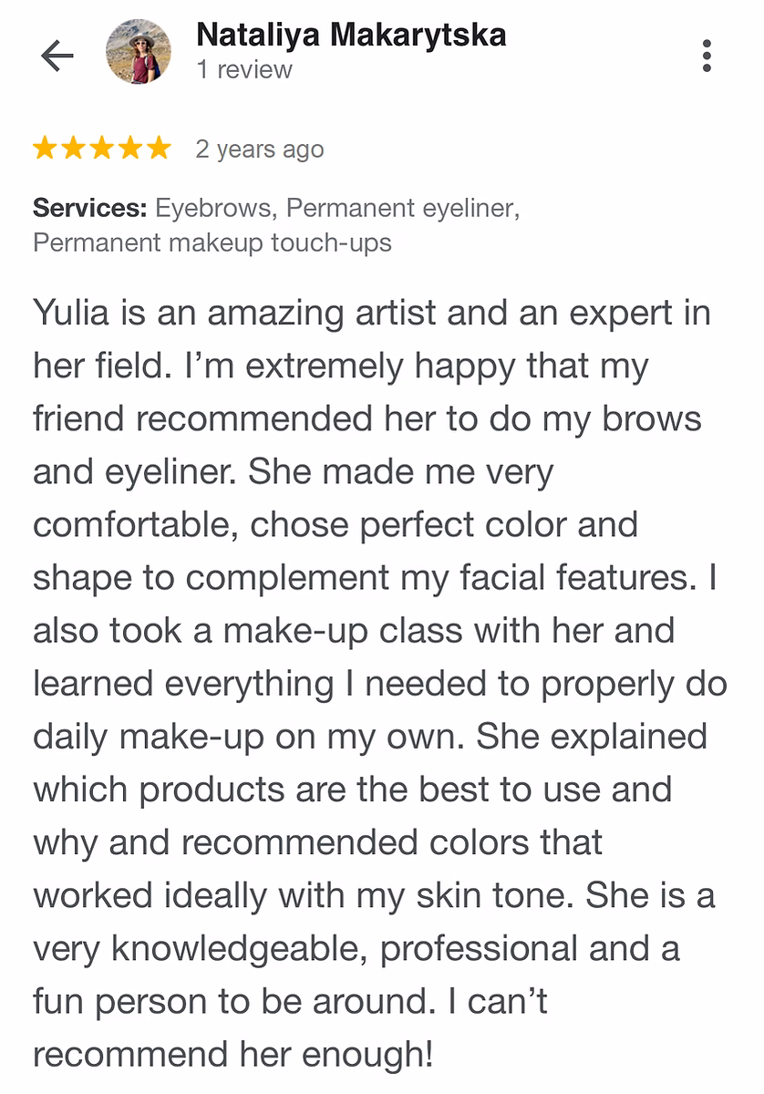 Five-star Google review by Nataliya Makarytska of Calypso Beauty brows, eyeliner and makeup lessons